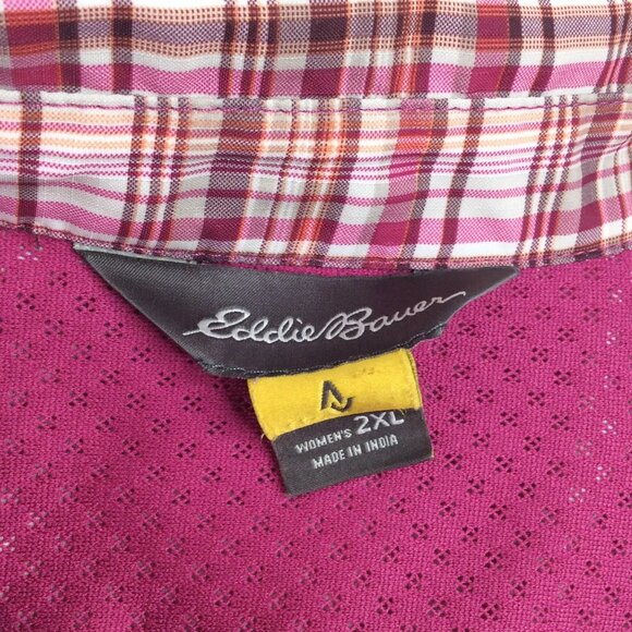 Eddie Bauer Travex Top Women Size 2XL Pink Plaid Vented Short Sleeve Button Down - Picture 2 of 9